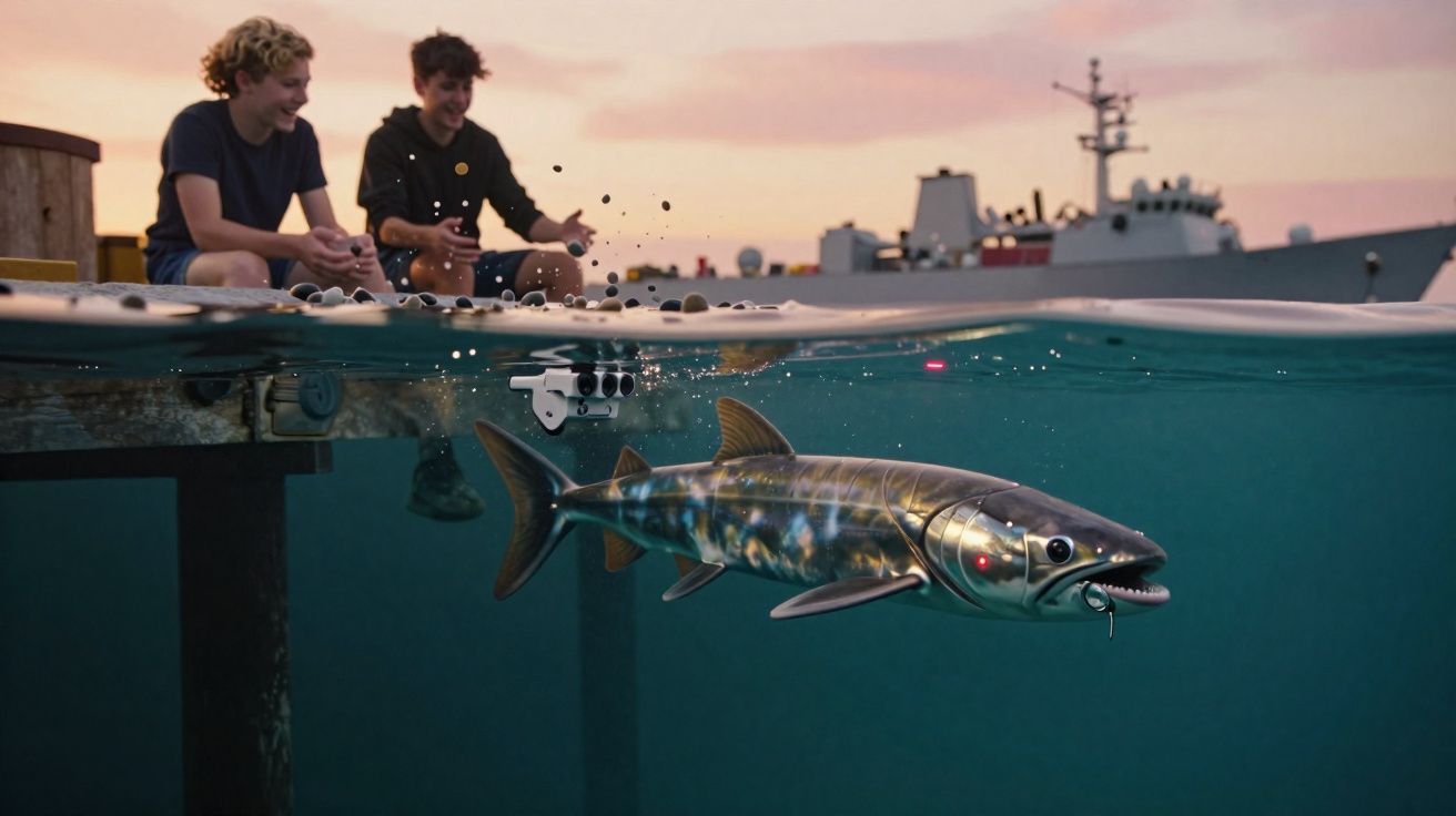 Dois rapazes sentados numa doca ao pôr do sol, observando um robô peixe a nadar na água.