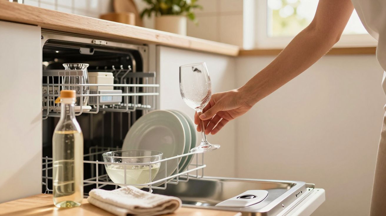 Mão a colocar taça de vidro numa máquina de lavar loiça numa cozinha moderna e luminosa.