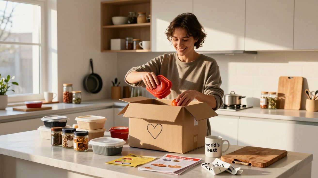 Mulher a arrumar tupperwares em caixa de cartão com coração na cozinha luminosa.