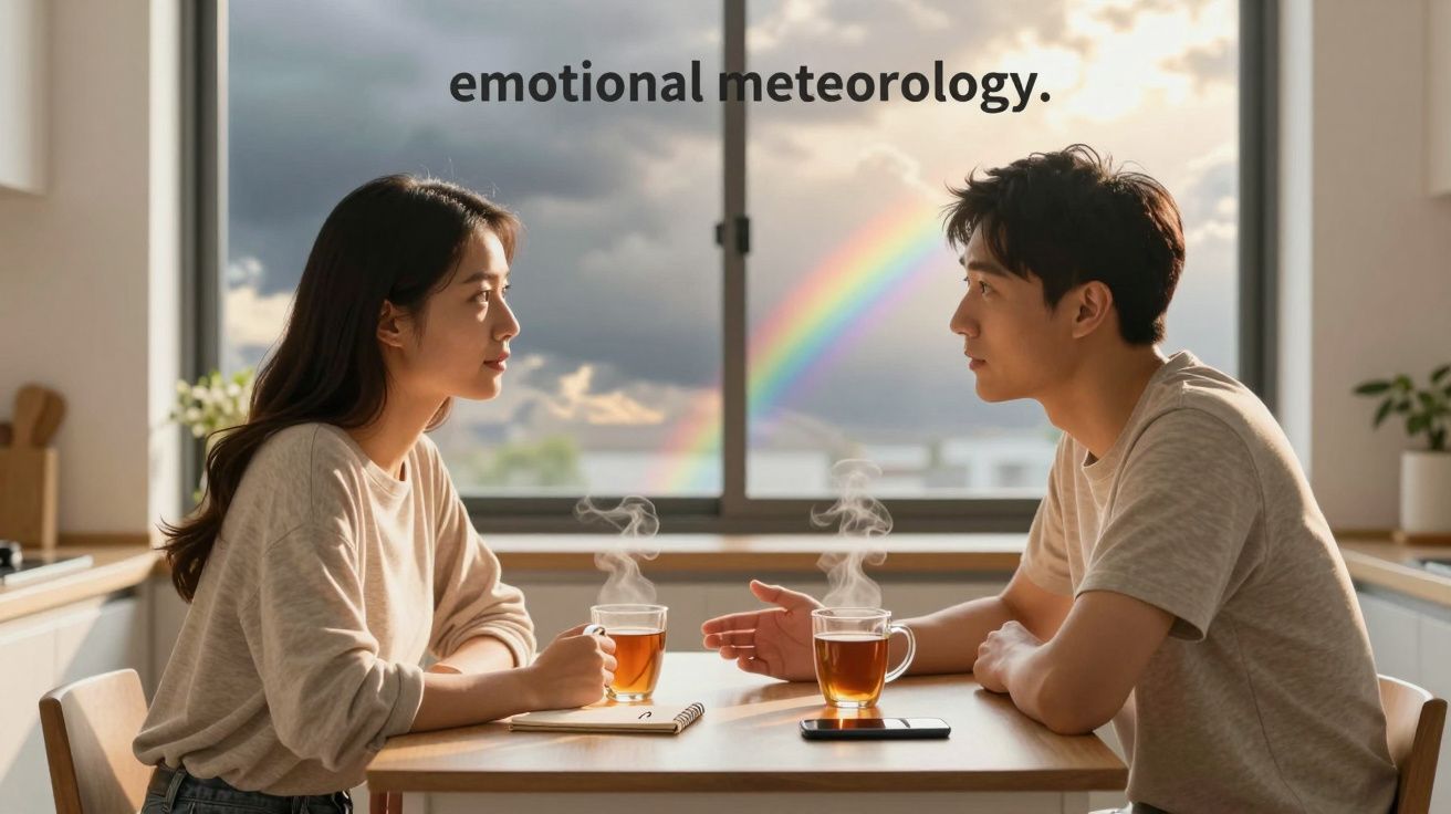 Casal conversa à mesa com chá quente, janela aberta com arco-íris e nuvens ao fundo.