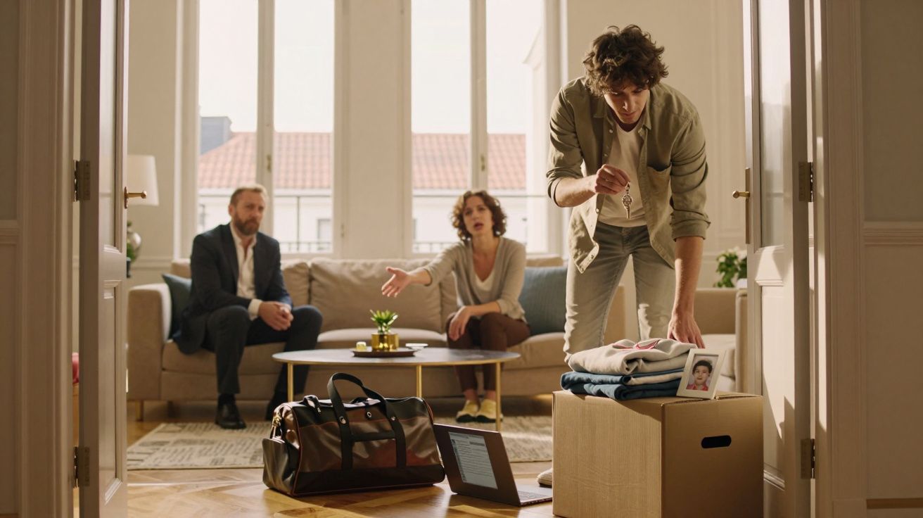 Jovem a arrumar uma caixa com roupa e foto, casal sentado no sofá a falar, ambiente de sala iluminada.