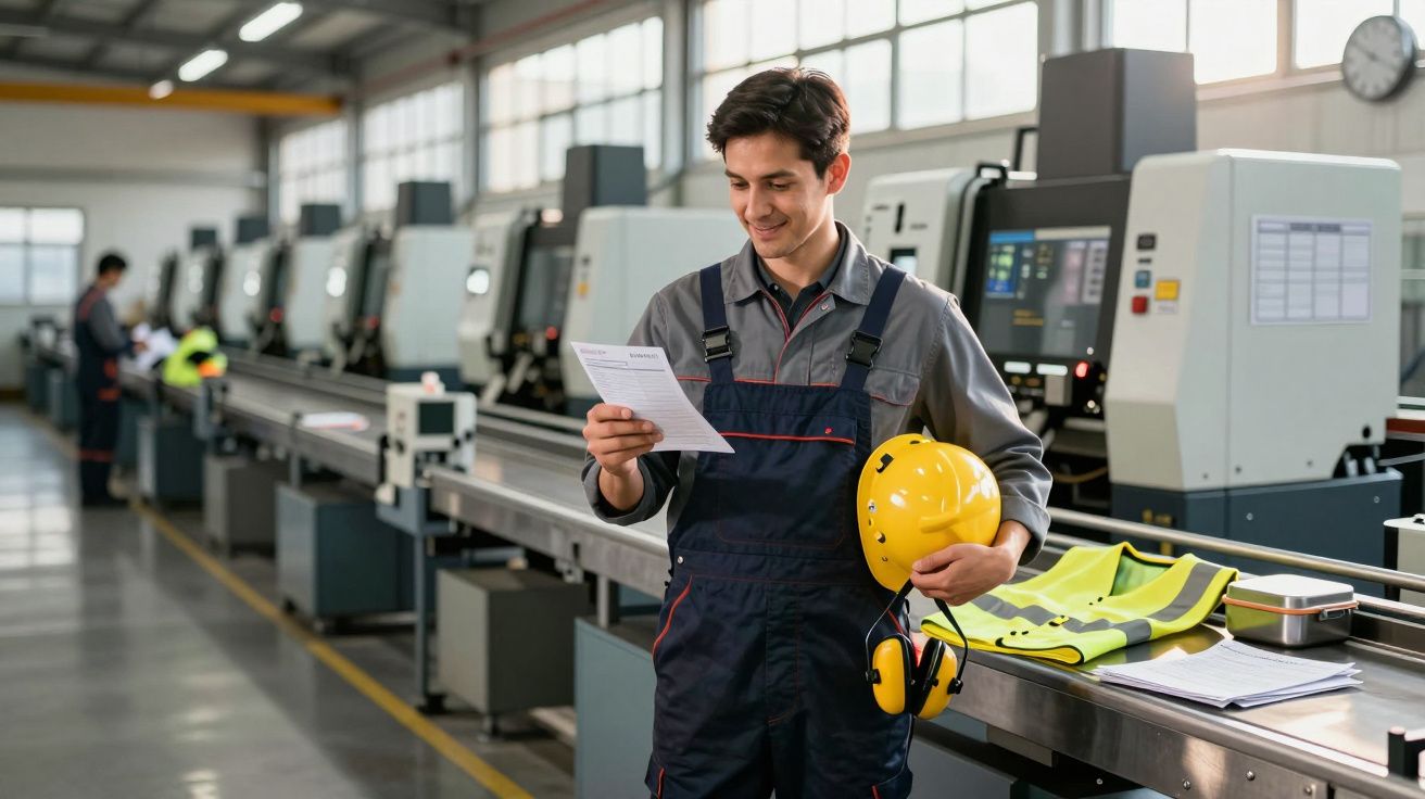 Homem com uniforme industrial segura capacete e lê papel numa fábrica com máquinas ao fundo.