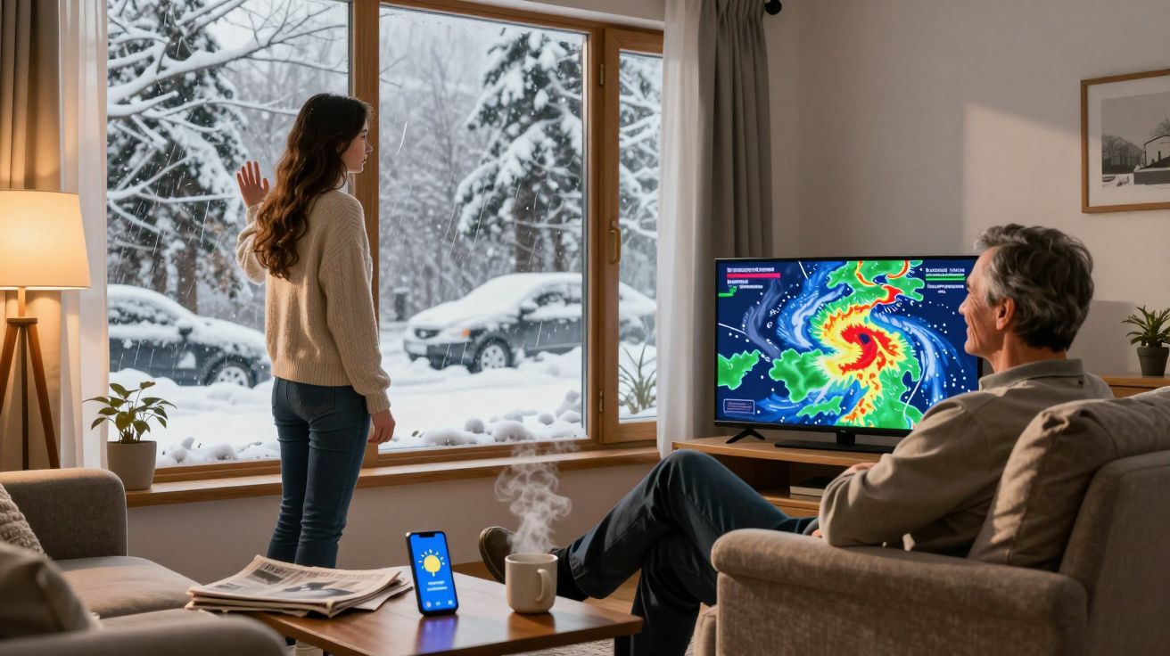 Mulher observa neve pela janela enquanto homem vê previsão meteorológica de tempestade na televisão.