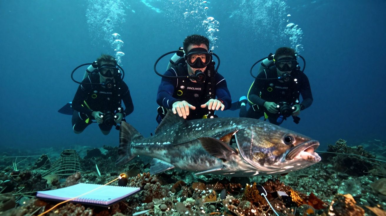 Três mergulhadores com equipamento de scuba observam um peixe grande em ambiente marinho subaquático.