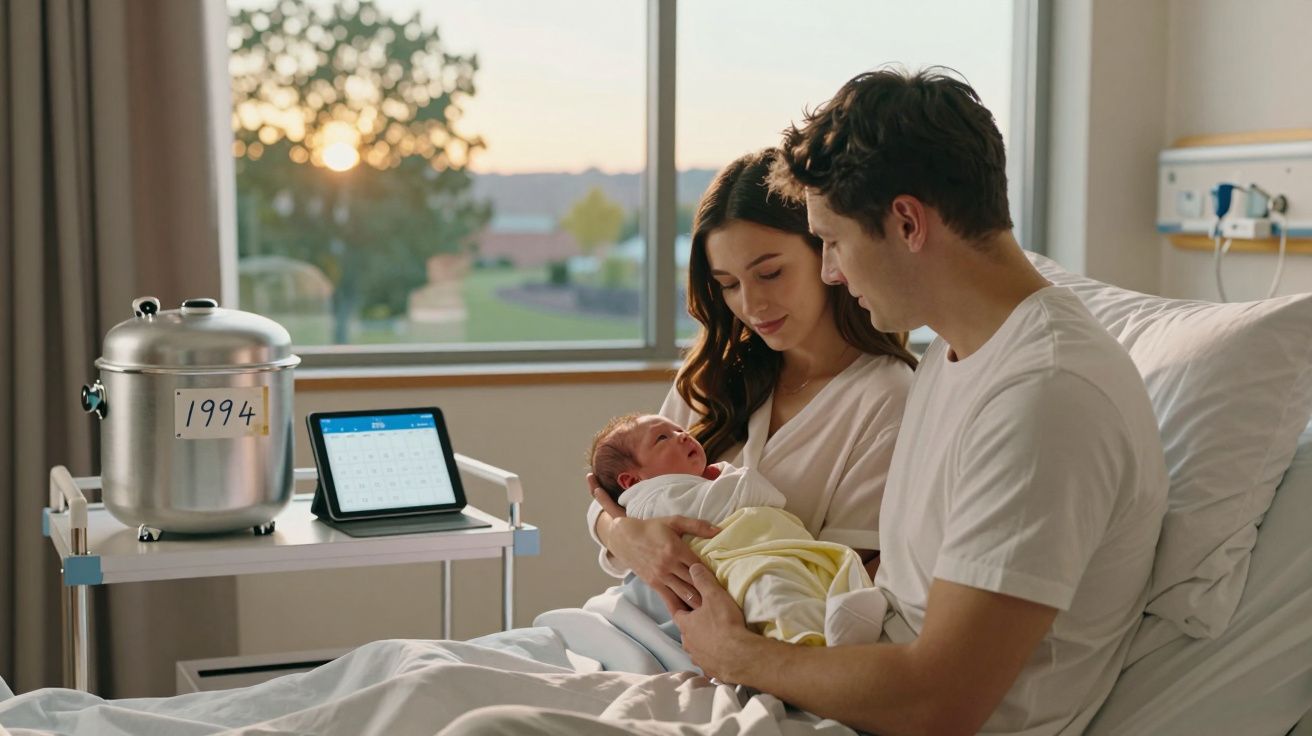 Pais sentados na cama do hospital a olhar carinhosamente para o filho recém-nascido ao pôr do sol.