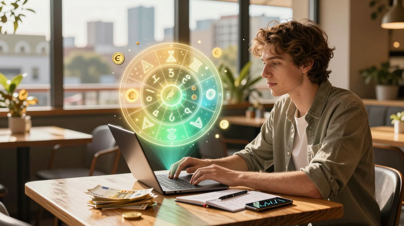 Jovem a usar computador com gráficos financeiros e símbolos astrológicos em holograma numa mesa com notas e telemóvel.