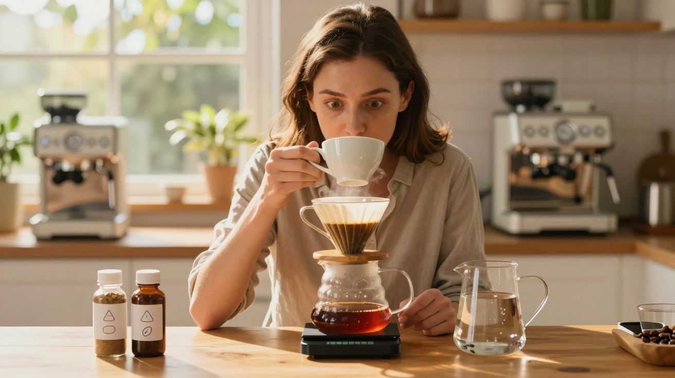 Mulher a provar café feito com método de filtro em cozinha moderna e iluminada pela luz natural.