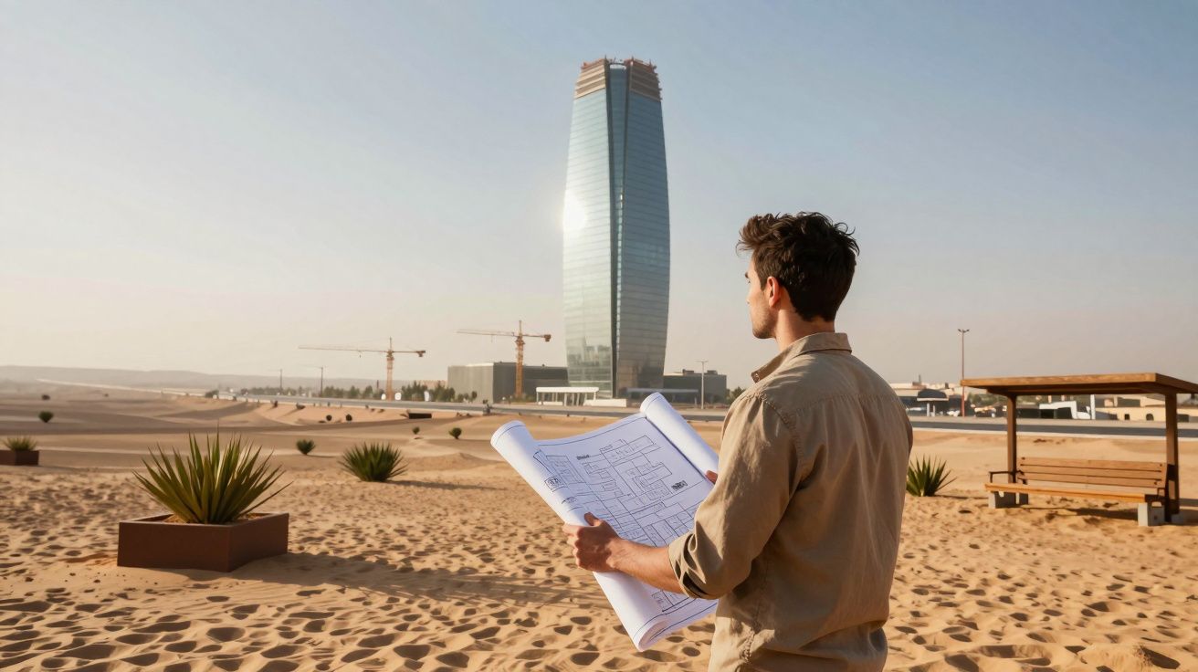 Homem com planta na mão observa construção de arranha-céus num ambiente desértico com grua ao fundo.