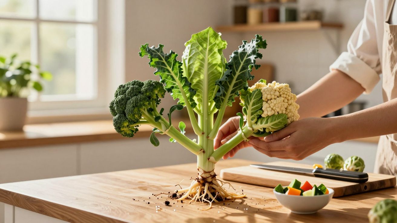 Pessoa segura couve-flor e brócolos diretamente da planta com raízes numa cozinha iluminada.