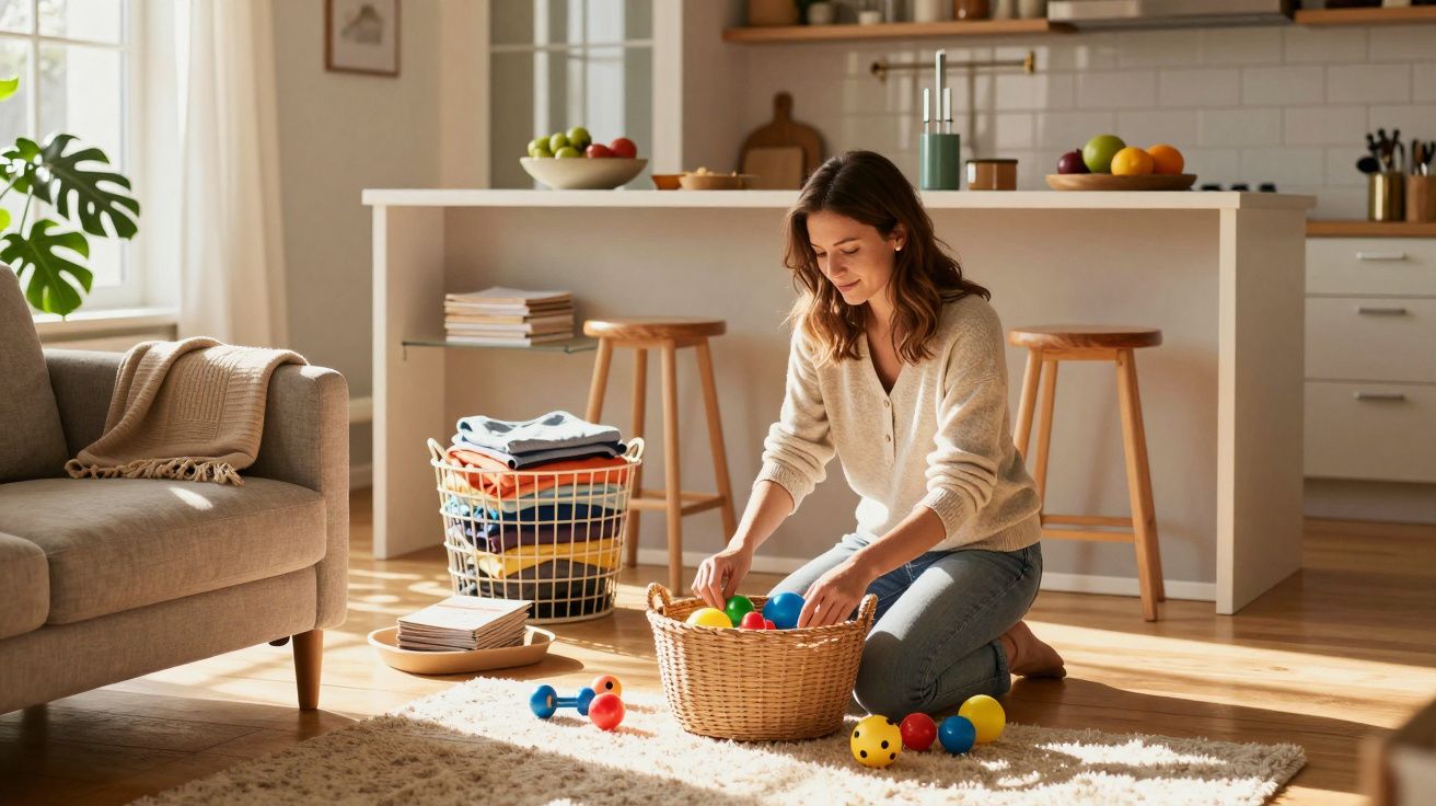 Mulher a arrumar brinquedos coloridos numa cesta na sala com cozinha ao fundo e luz natural.