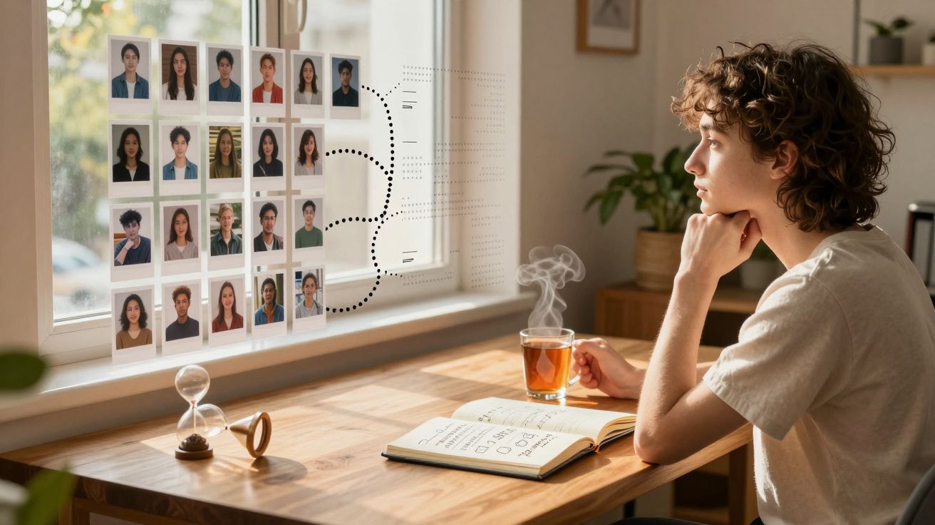 Jovem sentado à mesa a olhar fotos de pessoas coladas na janela, com chá e caderno aberto à frente.