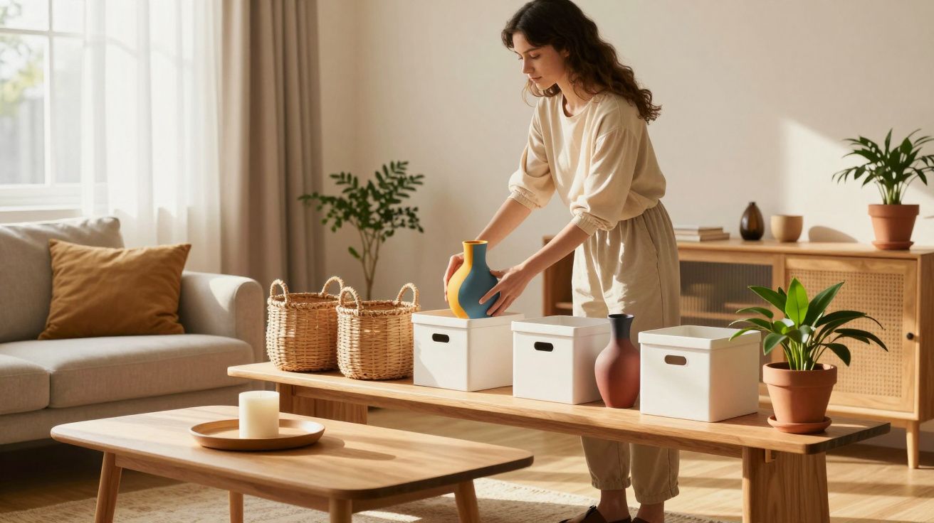 Mulher organiza jarra azul e amarela em sala de estar com cadeirão, mesa de madeira e plantas.