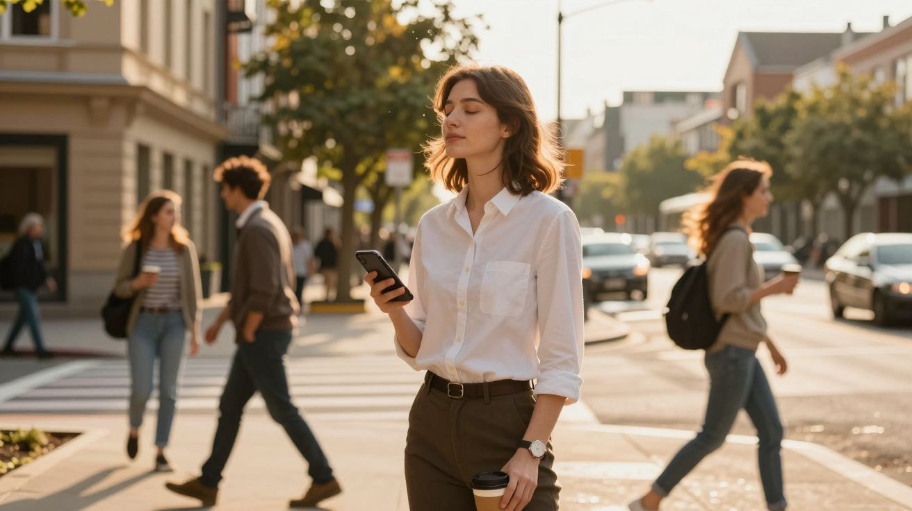 Mulher de olhos fechados com telemóvel e café na mão numa passadeira urbana com pessoas a passar.