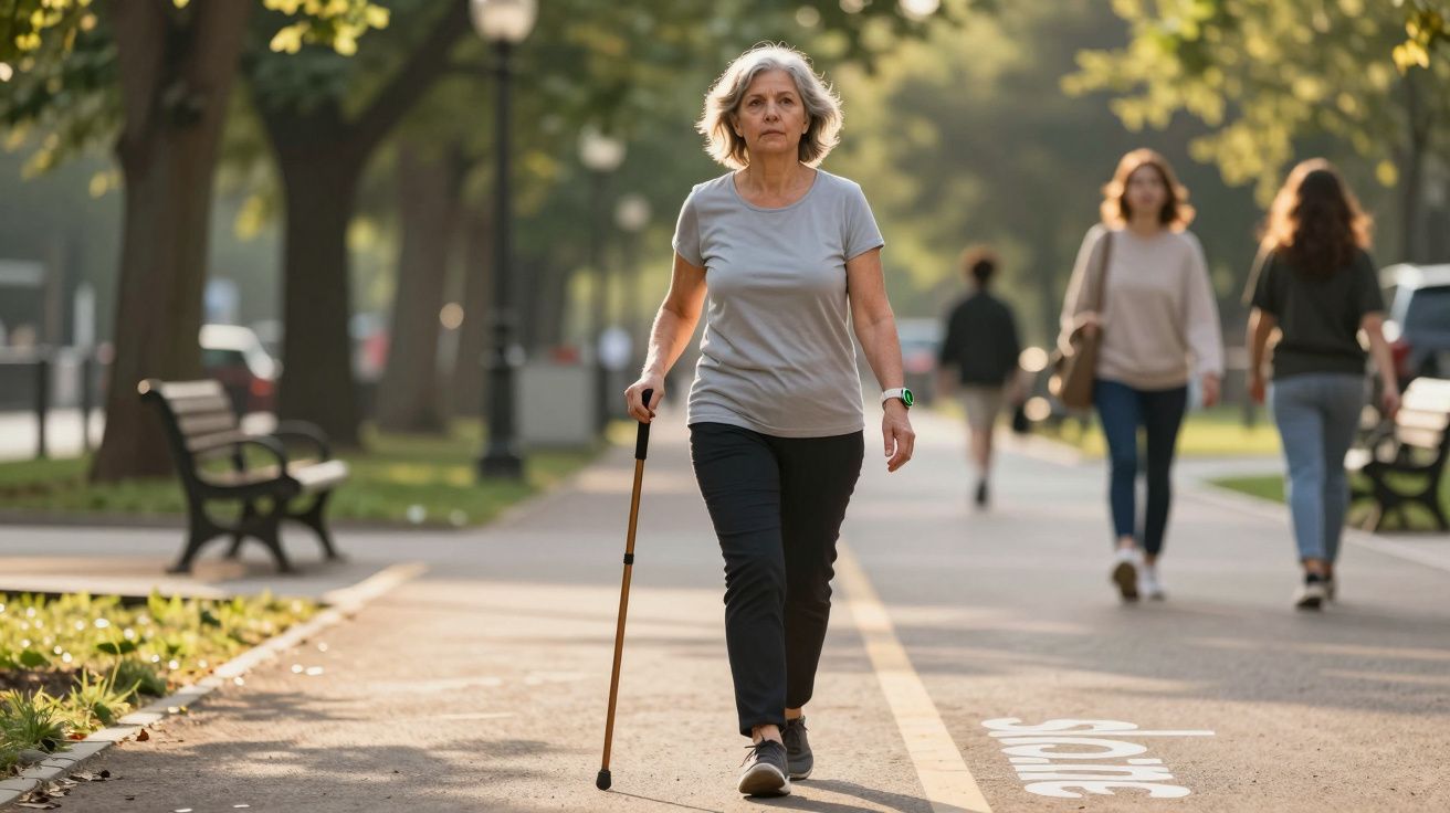 Mulher idosa a caminhar num parque com bengala, ao fim da tarde, com outras pessoas ao fundo.