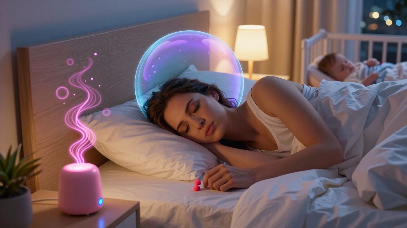 Mulher a dormir tranquila numa cama, com aroma difusor e luz suave ao lado e uma criança ao fundo.