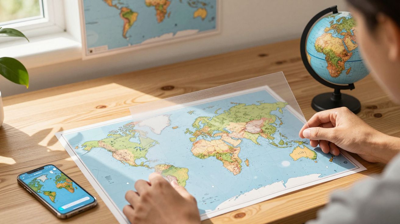 Pessoa a analisar um mapa-múndi sobre uma mesa de madeira, com um globo e um telemóvel ao lado.