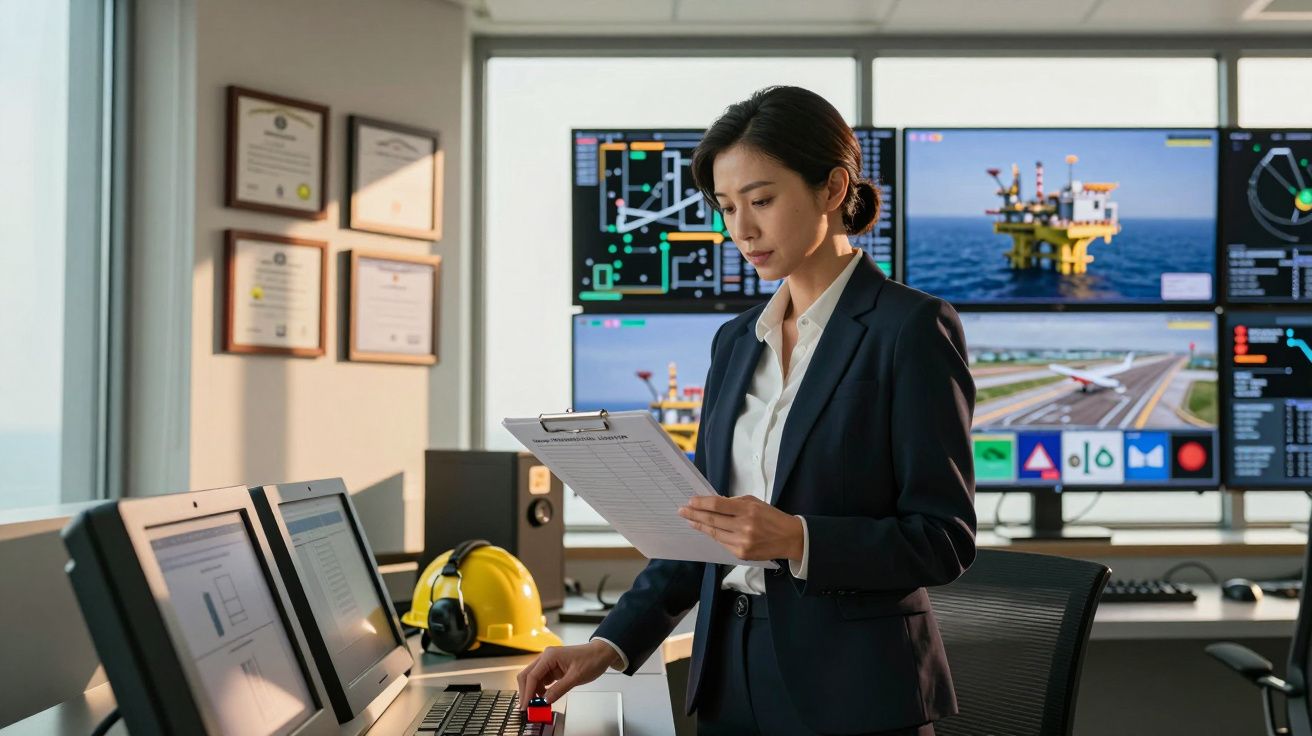 Mulher de negócios a analisar documentos em escritório de controlo com monitores e equipamentos técnicos.