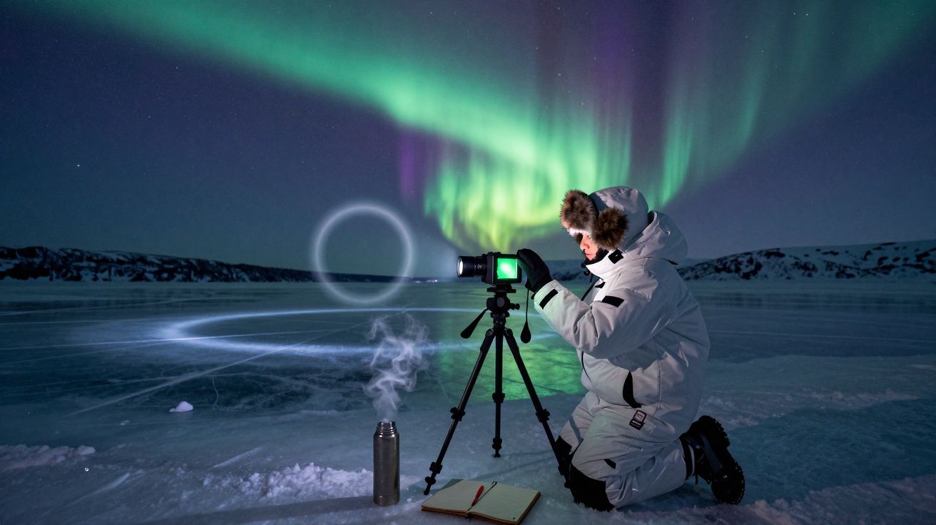 Pessoa vestida com roupa de frio a fotografar a aurora boreal sobre paisagem congelada durante a noite.