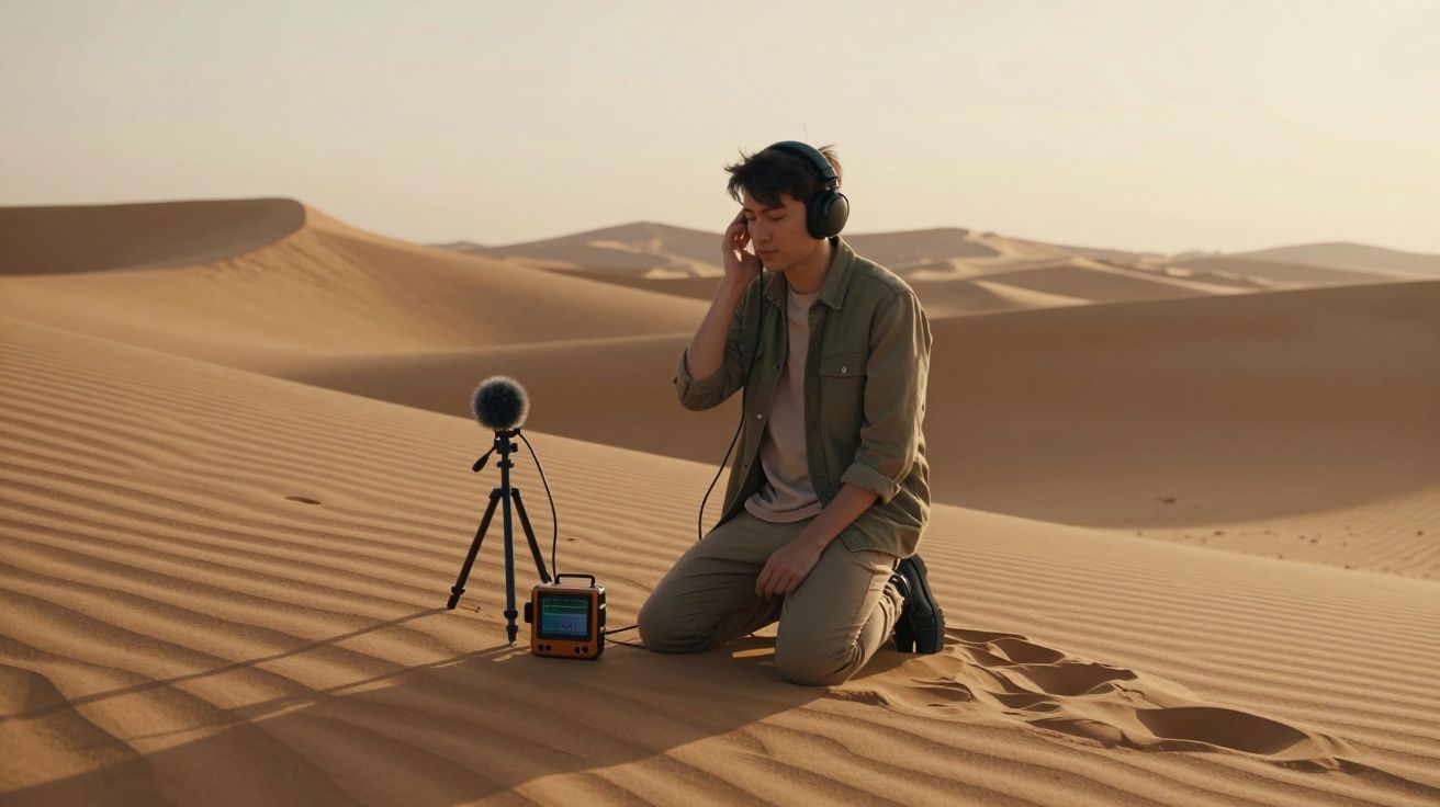 Pessoa com auscultadores a gravar sons no deserto com microfone e equipamento de áudio.