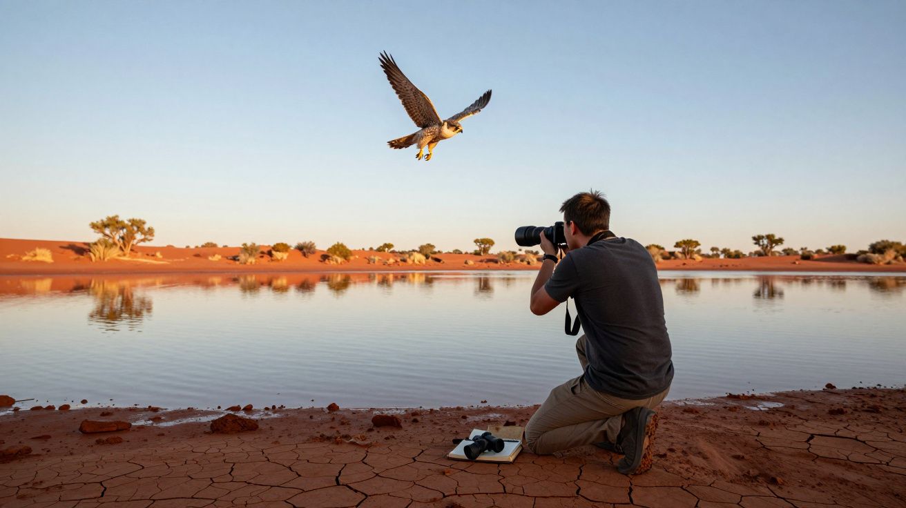 Fotógrafo agachado junto a lago em ambiente seco tira foto de águia em voo ao pôr do sol.