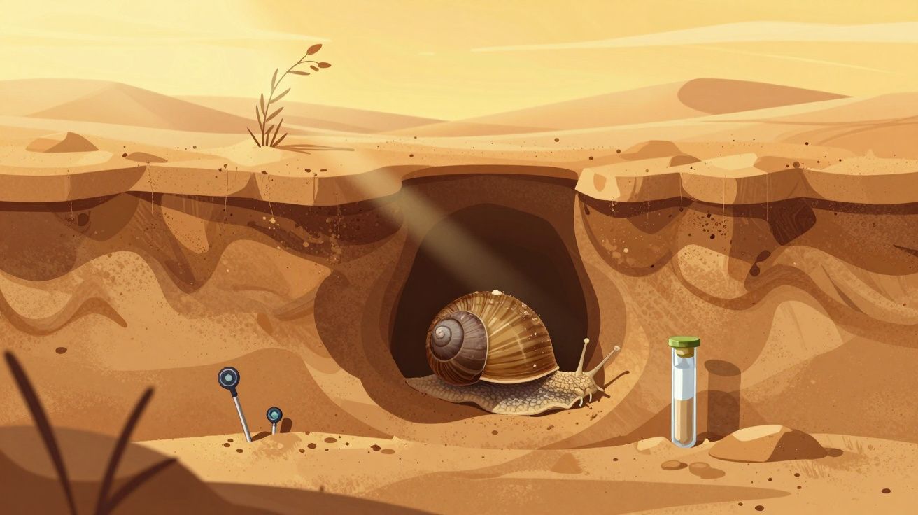 Ilustração de caracol saindo da sua toca no solo seco com um frasco e dois pinos ao lado.