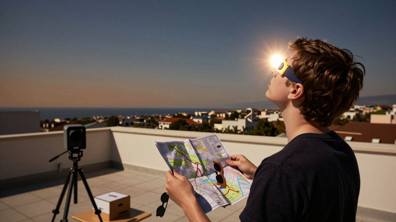 Jovem com óculos especiais observa o sol durante um eclipse enquanto segura um mapa no terraço.