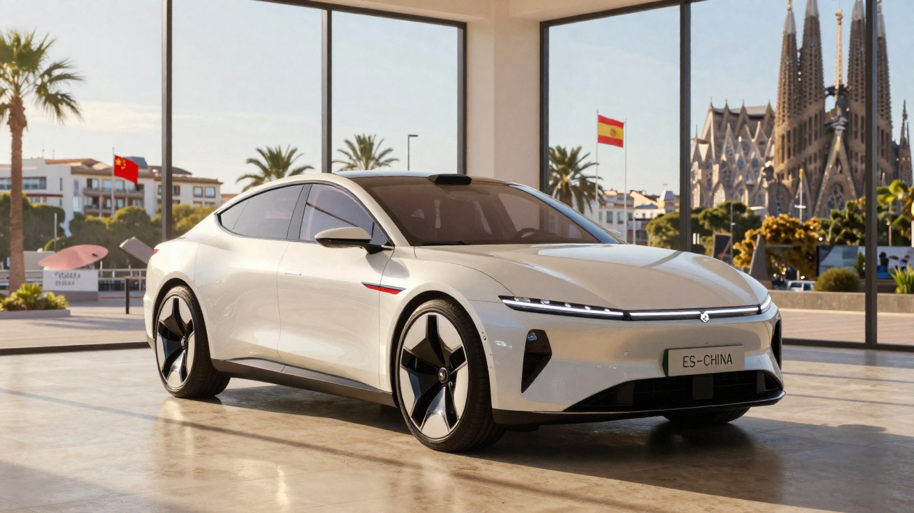 Carro elétrico cinzento moderno estacionado em espaço interior com grandes janelas e vista para edifício famoso na cidade.