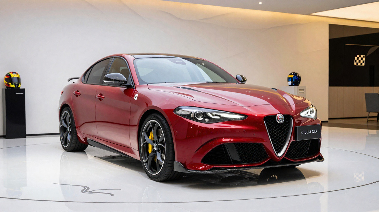 Carro desportivo Alfa Romeo Giulia GTA vermelho em exposição num salão moderno.