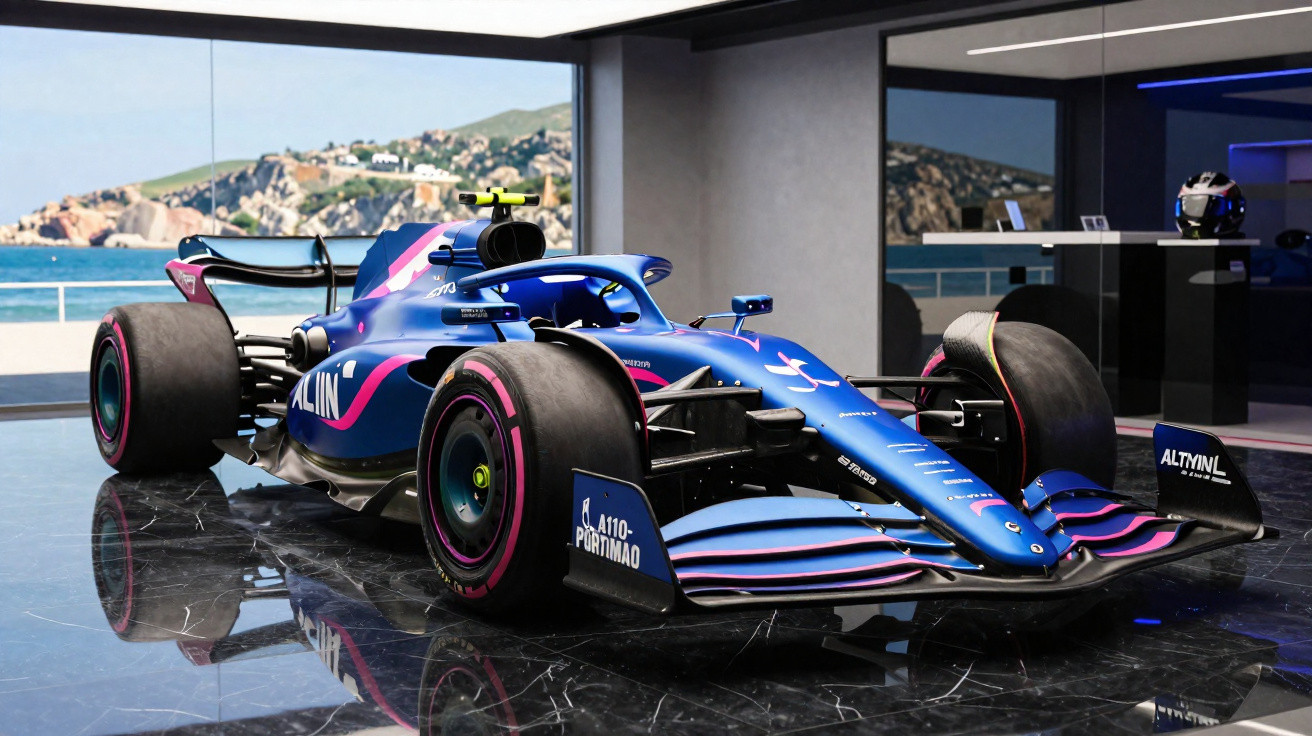 Carro de Fórmula 1 azul e rosa numa sala com chão espelhado e vista para o mar e colinas ao fundo.