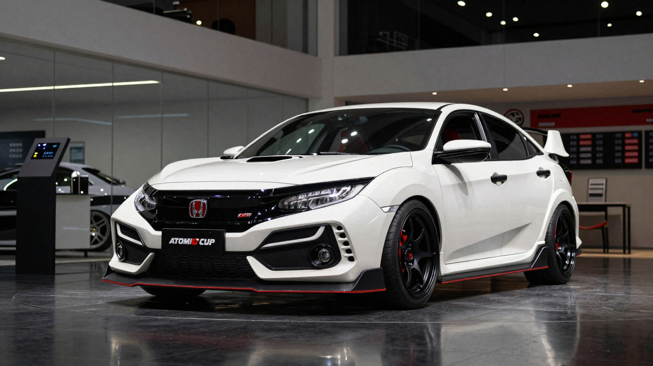 Carro desportivo branco Honda Civic Type R estacionado num espaço interior moderno.