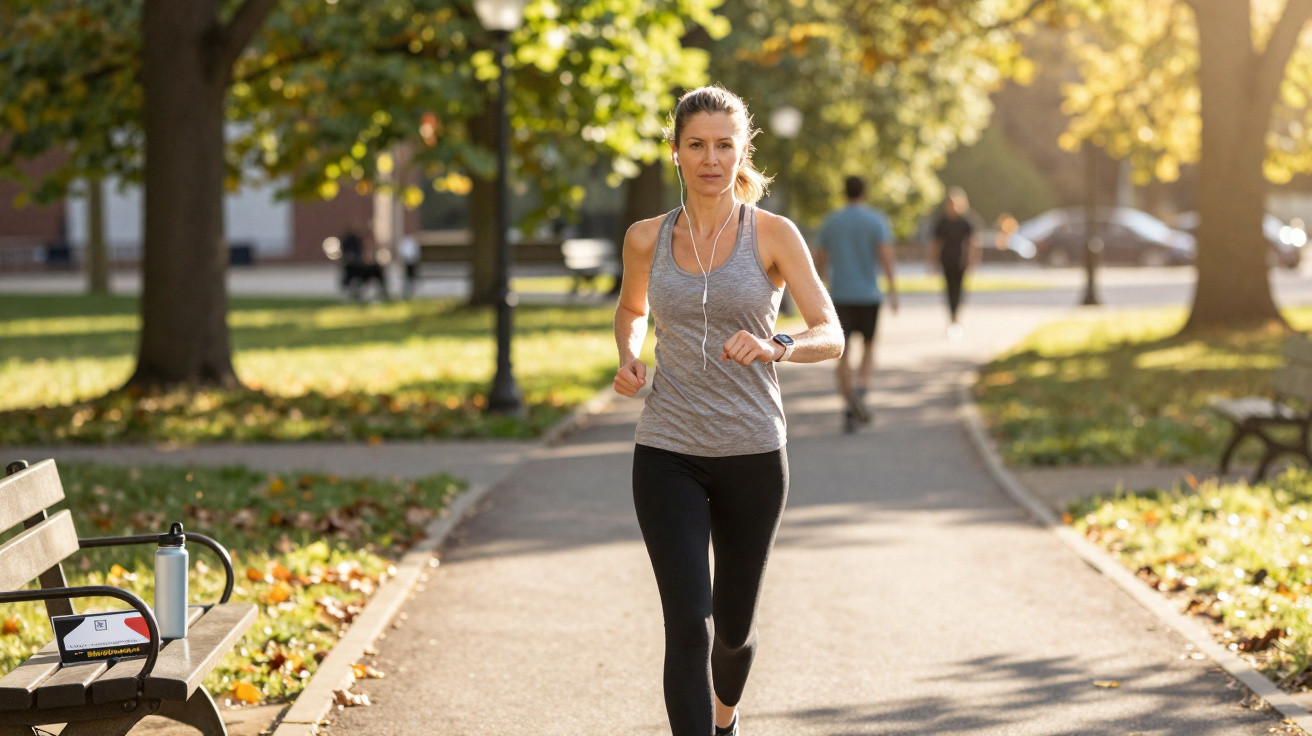 Mulher a correr num parque com fones de ouvido e roupa desportiva em dia ensolarado de outono.