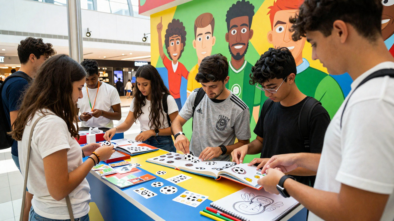 Grupo de jovens na mesa interativa com livros e materiais educativos de futebol num centro comercial.