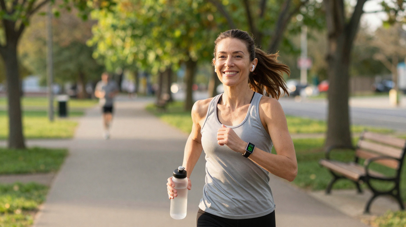 Mulher a correr num parque com garrafa de água na mão e relógio inteligente no pulso.