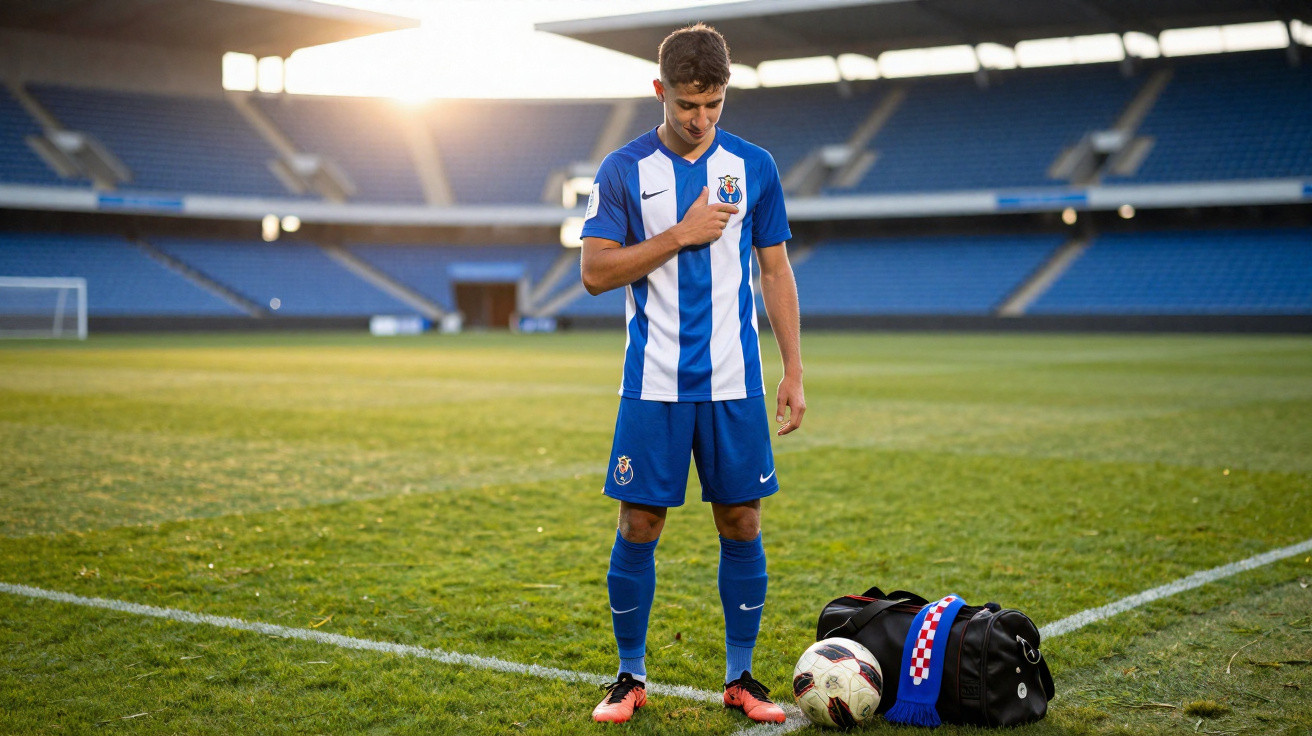 Jogador de futebol no relvado, com equipamento azul e branco, mão no peito, bola e mala ao lado.