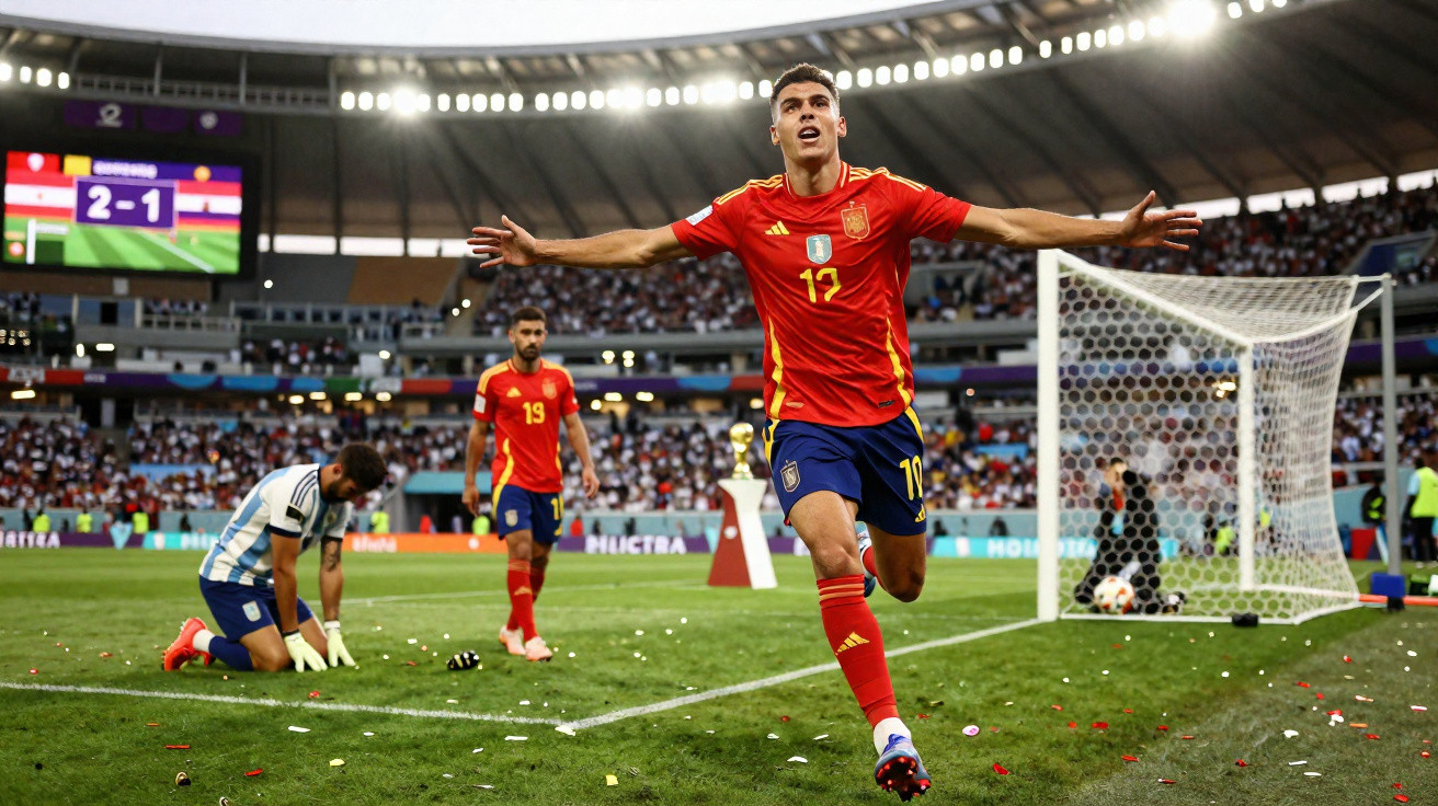 Jogador de Espanha celebra golo no estádio durante jogo contra a Argentina com placar 2-1.