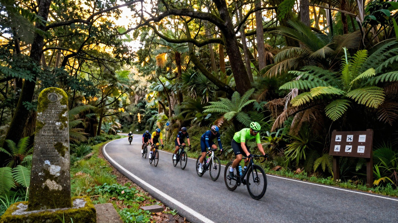 Grupo de ciclistas a pedalar numa estrada estreita rodeada por vegetação densa e árvores altas.