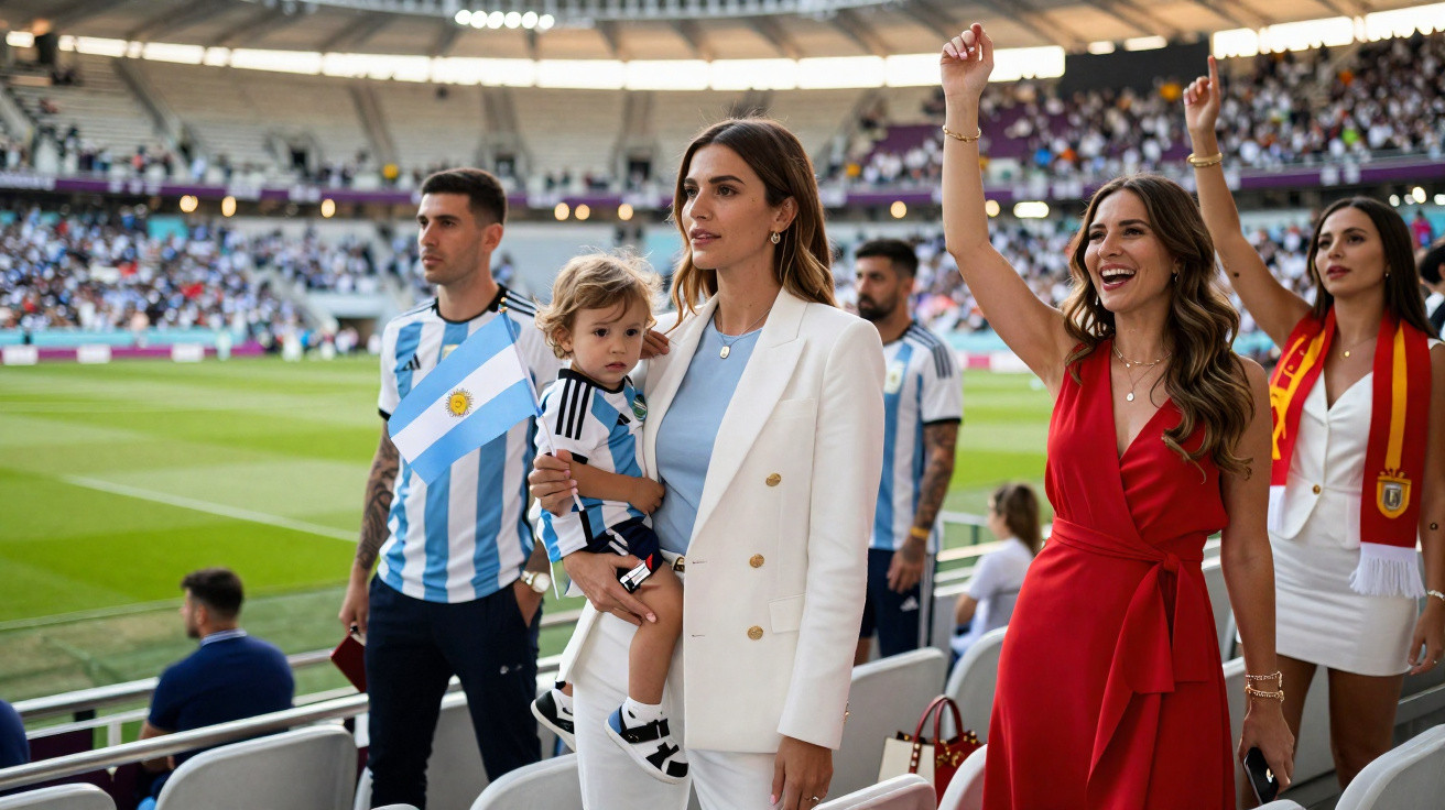 Pessoas num estádio de futebol, algumas vestem camisolas da Argentina e seguram bandeira argentina.