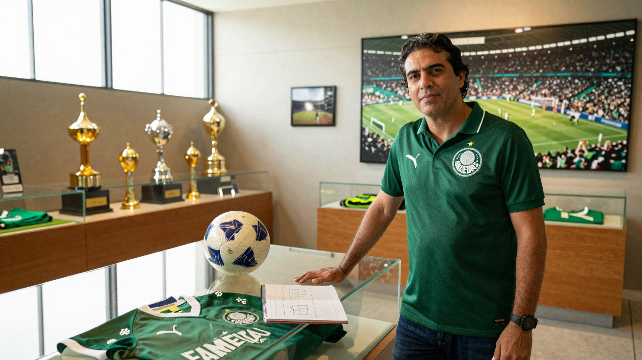 Homem com camisa verde do Palmeiras em museu com troféus, bola e camisola em vidro.