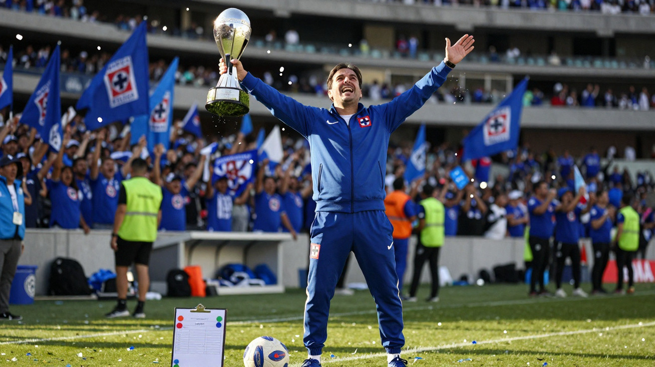 Treinador de futebol celebra com troféu no estádio, com adeptos e bandeiras ao fundo.