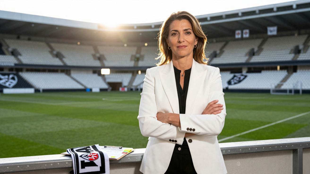 Mulher de olhos castanhos com casaco branco e camisa preta, em estádio de futebol vazio ao pôr do sol.