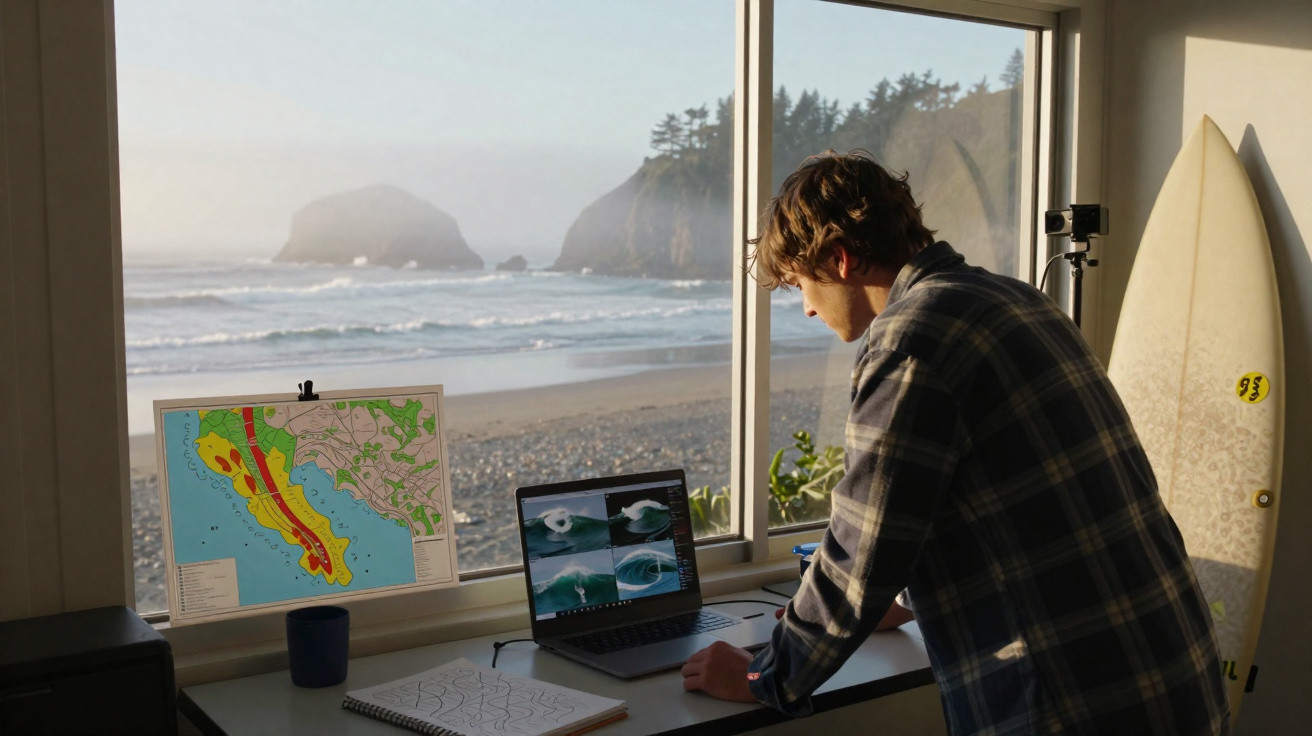Pessoa a trabalhar num computador com vista para o mar, prancha de surf e mapa na janela.