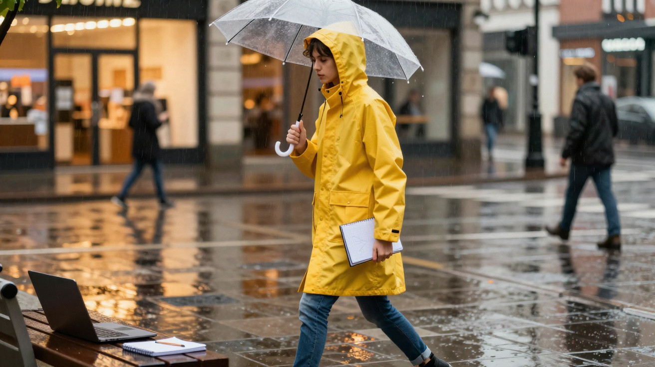 Pessoa com casaco amarelo e guarda-chuva transparente atravessa rua molhada em dia de chuva na cidade.