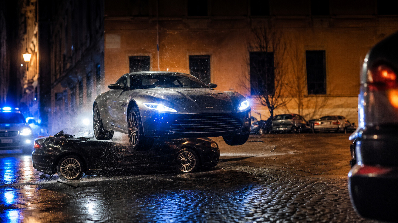 Carro de luxo a deslizar sobre outro carro esmagado numa rua molhada à noite com polícia ao fundo.