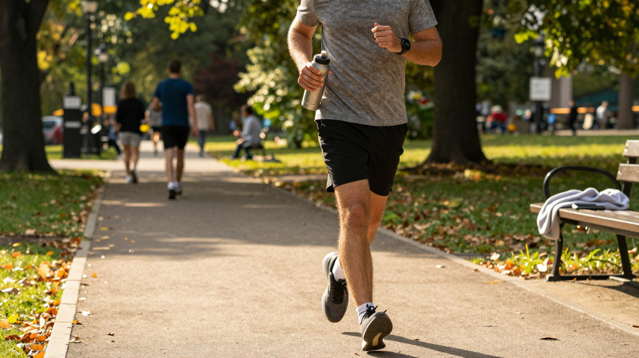 Homem a correr num parque com garrafa na mão, rodeado de árvores e pessoas ao fundo.