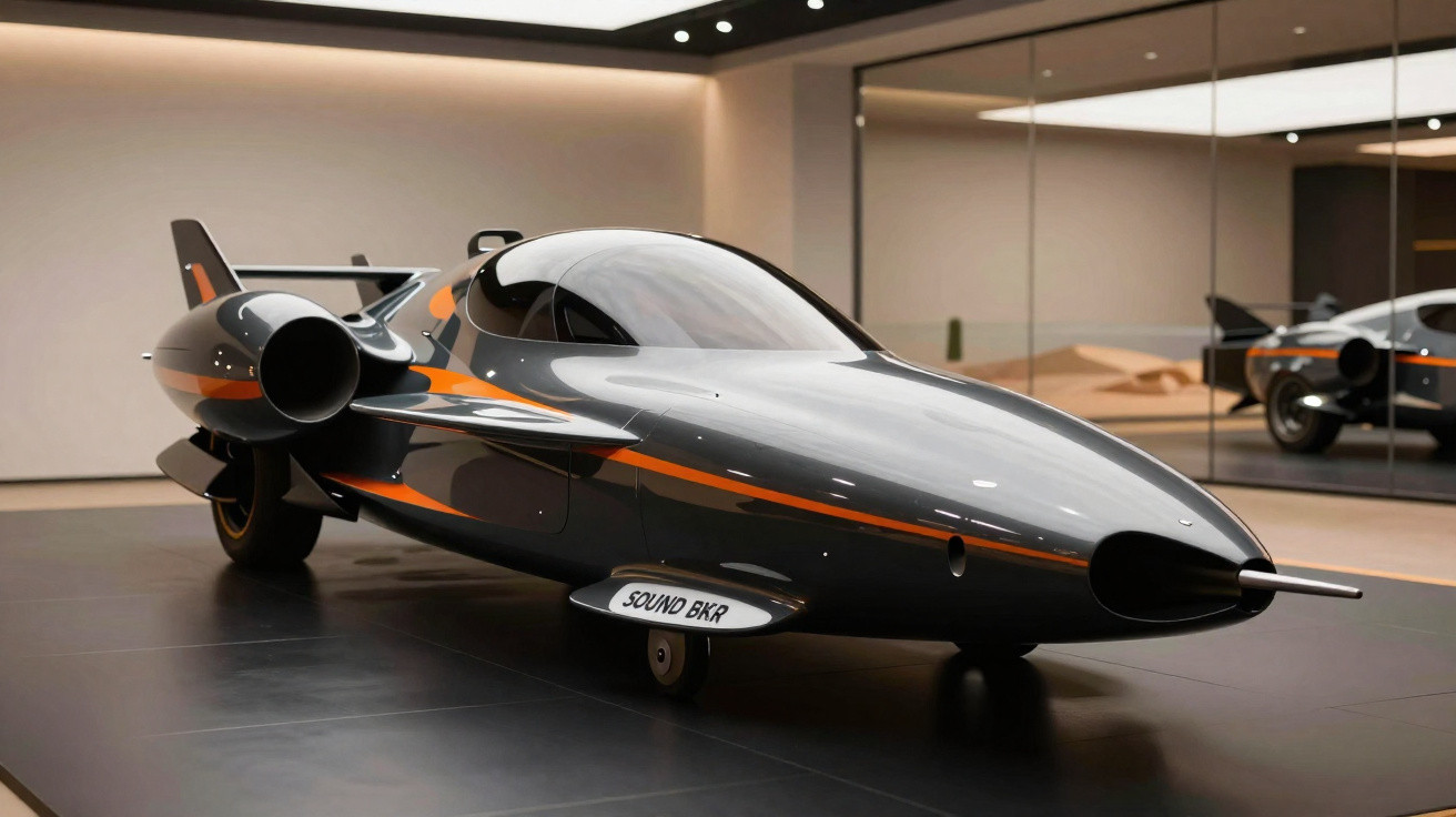 Veículo futurista preto com detalhes laranja e hélices, exibido num espaço interior moderno com espelhos.