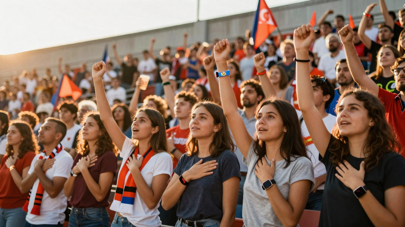 Grupo de jovens num estádio a cantar, alguns com a mão no peito e outros com o punho levantado.