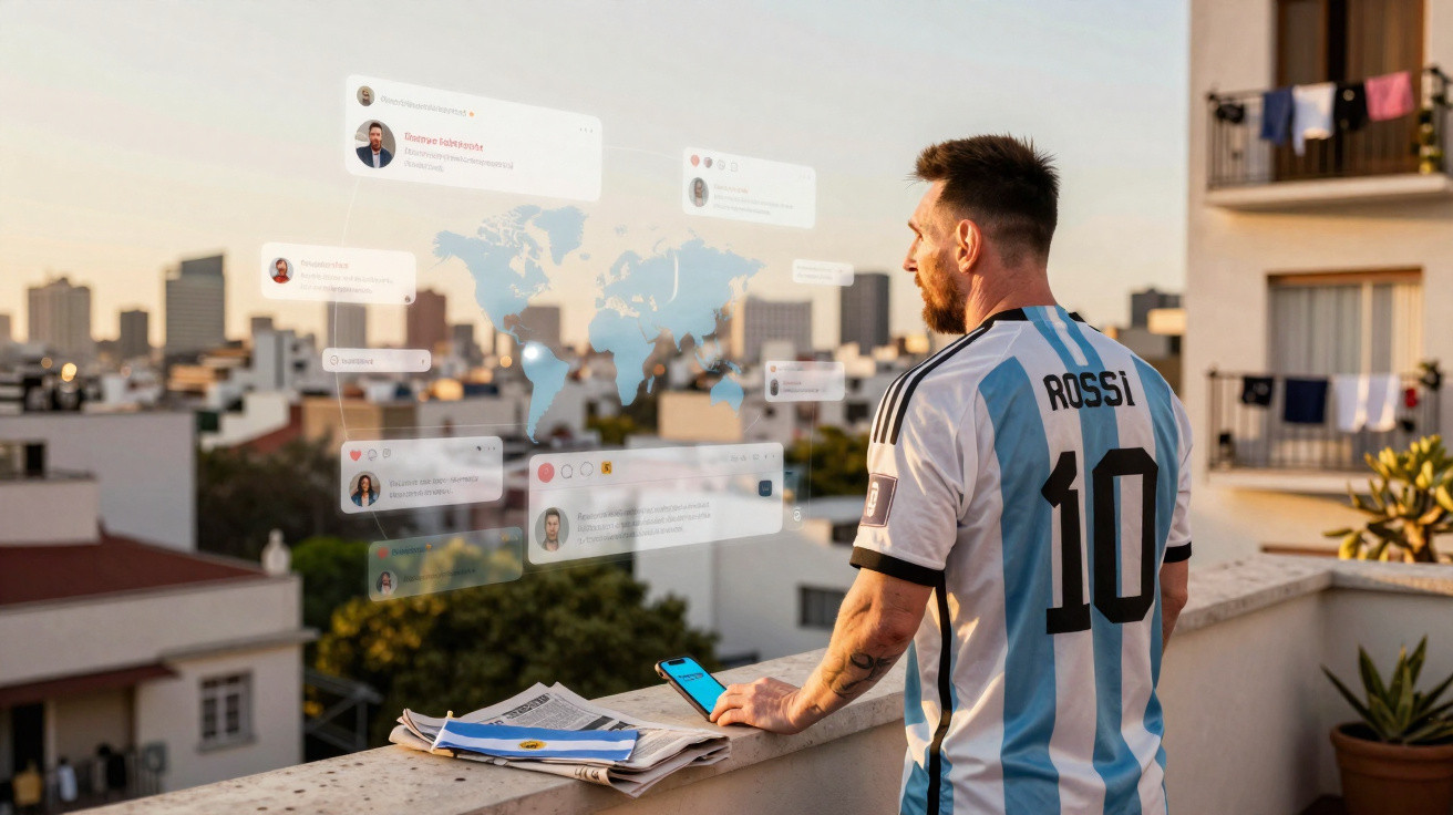 Homem com camisola de futebol argentina observa cidade e mensagens digitais flutuantes no telemóvel.