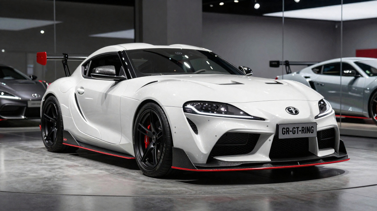 Carro desportivo branco Toyota GR Supra com pára-choques aerodinâmico e asa traseira, exposto em salão.