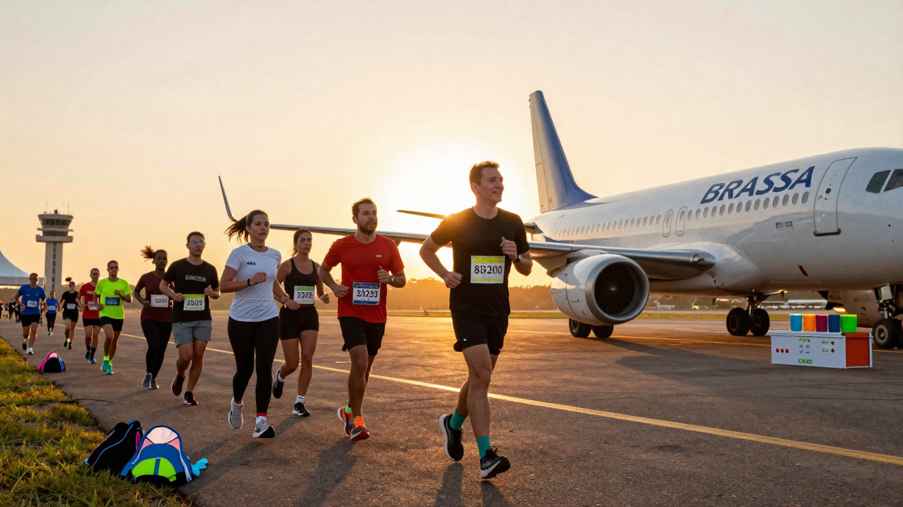 Grupo de pessoas a correr junto a um avião estacionado num aeroporto ao pôr do sol.