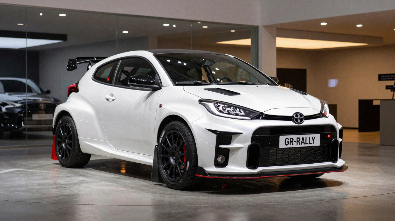 Carro desportivo branco Toyota GR Rally estacionado em interior com piso cinzento e parede de vidro.